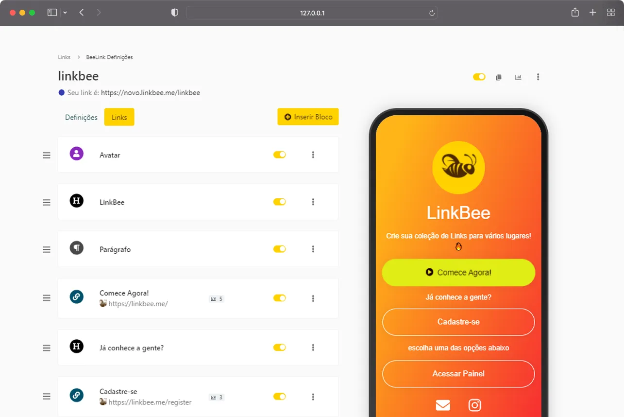 Captura de tela da página de edição do aplicativo LinkBee